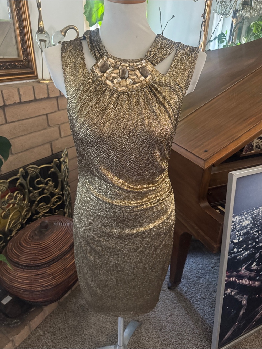 Cache Gold Metallic Sleeveless Cocktail Dress with Beaded Neckline